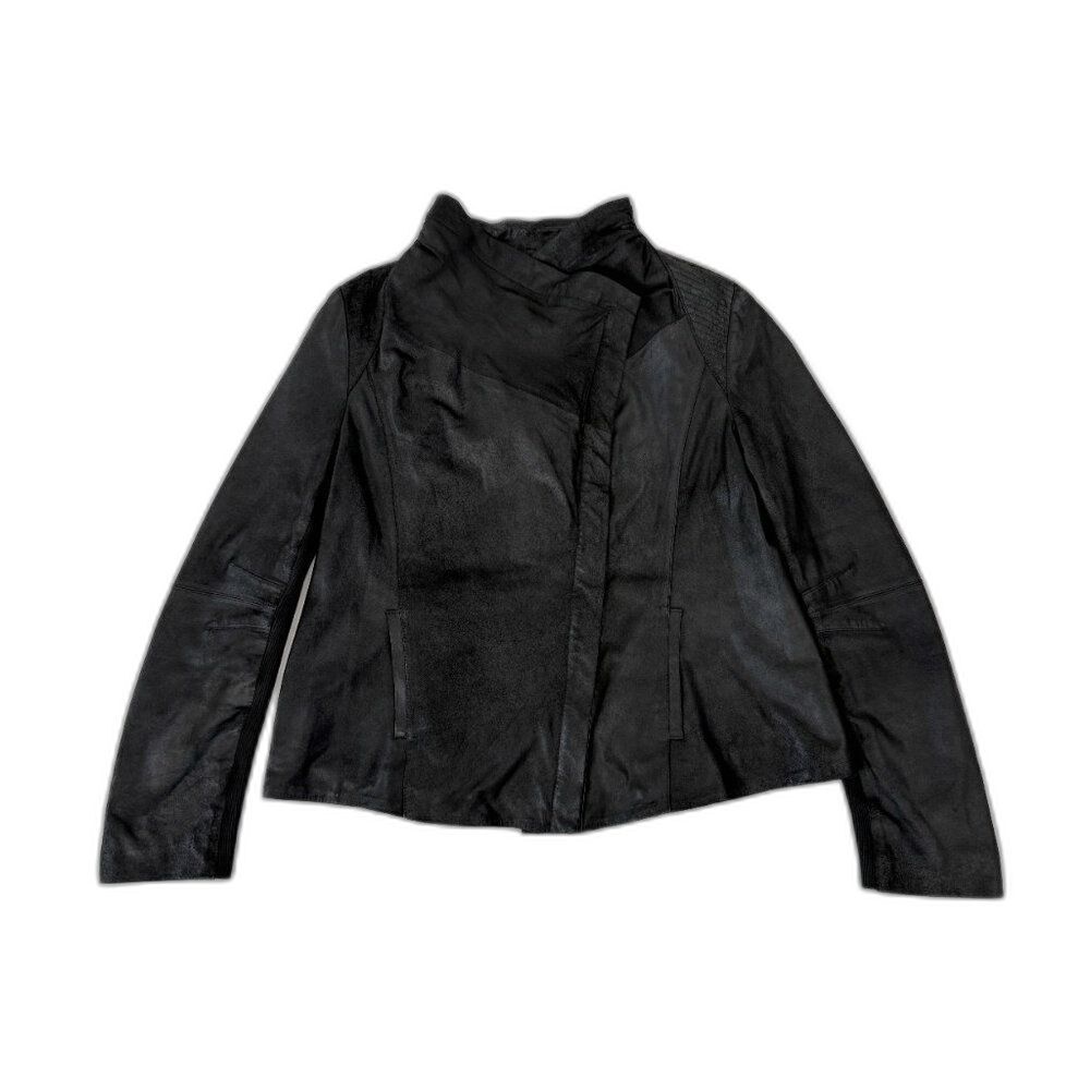 Elie Tahari Lamb Leather Knit Combo Asymmetric Jacket Black Large Luxury